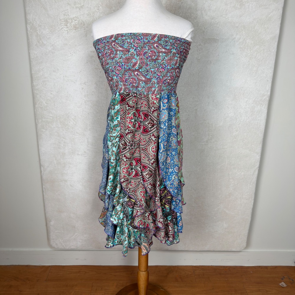 Boho Paisley Patchwork Smocked Convertible Maxi Skirt Tube Dress Blue